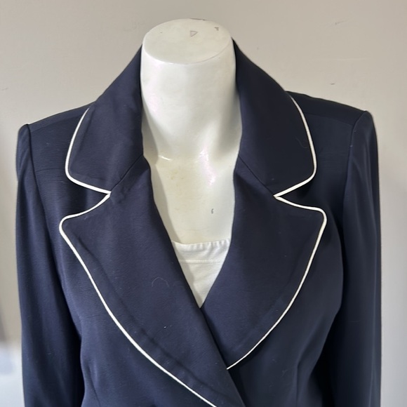 Frame Denim Piped Cropped Double Breasted Blazer Slit Cuff Navy Blue Sz 8 - Picture 5 of 16